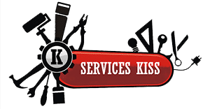 Logo Services KISS montrant un assemblage d'outils (peinture, scie, pinces) autour d'un engrenage 'K', à côté d'une étiquette rouge avec le texte 'SERVICES KISS' et d'autres symboles (ampoule, règle, ciseaux, prise).