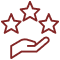 Excellence : Main offrant trois étoiles de qualité Main tenant trois étoiles rouges stylisées, symbolisant l'excellence, la qualité ou une haute évaluation de service.