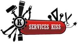 Logo des Services KISS : outils variés (rouleau, scie, pince, tournevis, ampoule, règle) autour d'un engrenage avec la lettre K et le texte SERVICES KISS.