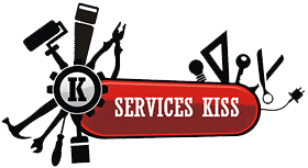 Services KISS : Outils et maintenance pour tous vos besoins Logo des Services KISS : outils variés (rouleau, scie, pince, tournevis, ampoule, règle) autour d'un engrenage avec la lettre K et le texte SERVICES KISS.